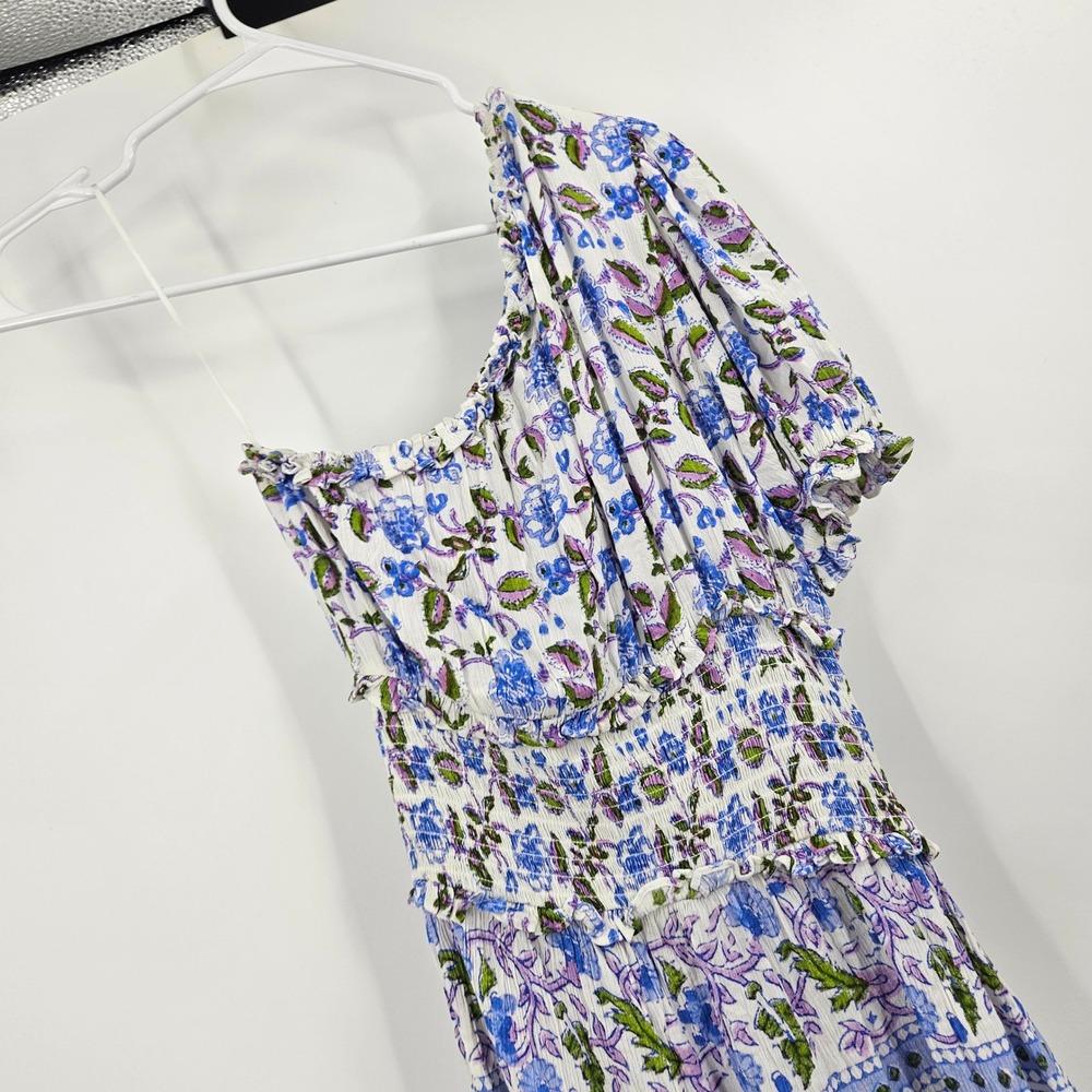 Playa Lucila One Shoulder Dress White Blue Smocked Mini Cottage Ruffles NWT Sz S - Picture 7 of 7